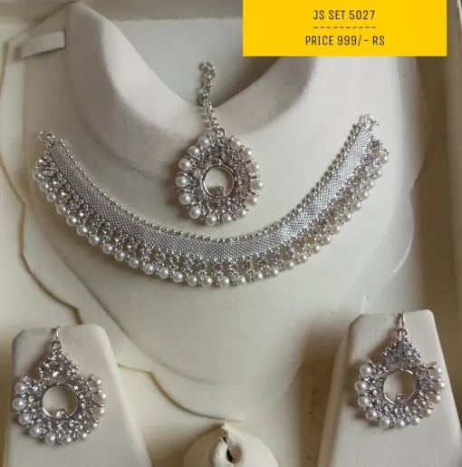 Fancy Silver and Gold Party Wear Choker Set With Earrings and Tikka