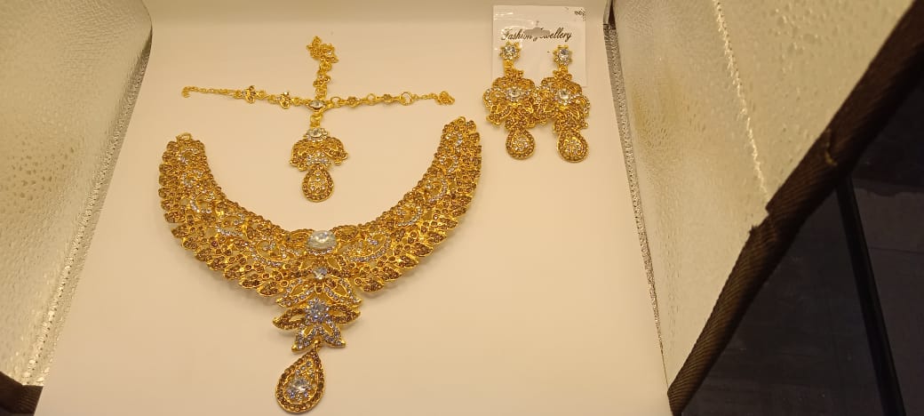 Fancy Silver and Gold Party Wear Choker Set With Earrings and Tikka