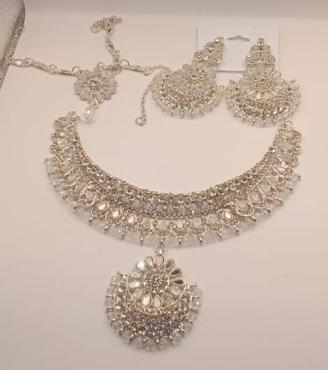 Fancy Silver and Gold Party Wear Choker Set With Earrings and Tikka