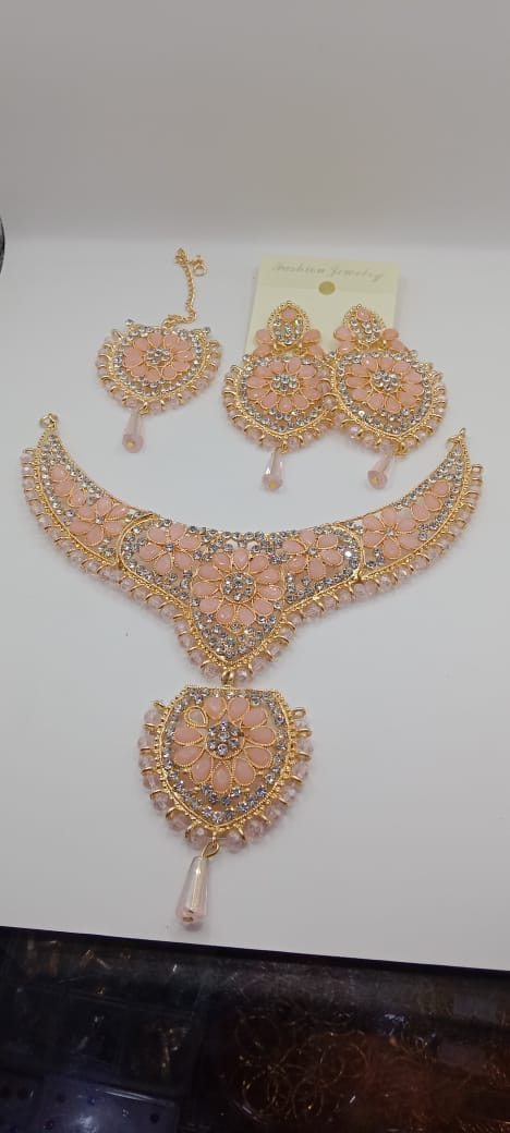 Fancy Silver and Gold Party Wear Choker Set With Earrings and Tikka
